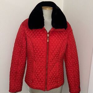 Obermeyer red puff ski pearl snow jacket fur collar 10 medium m
